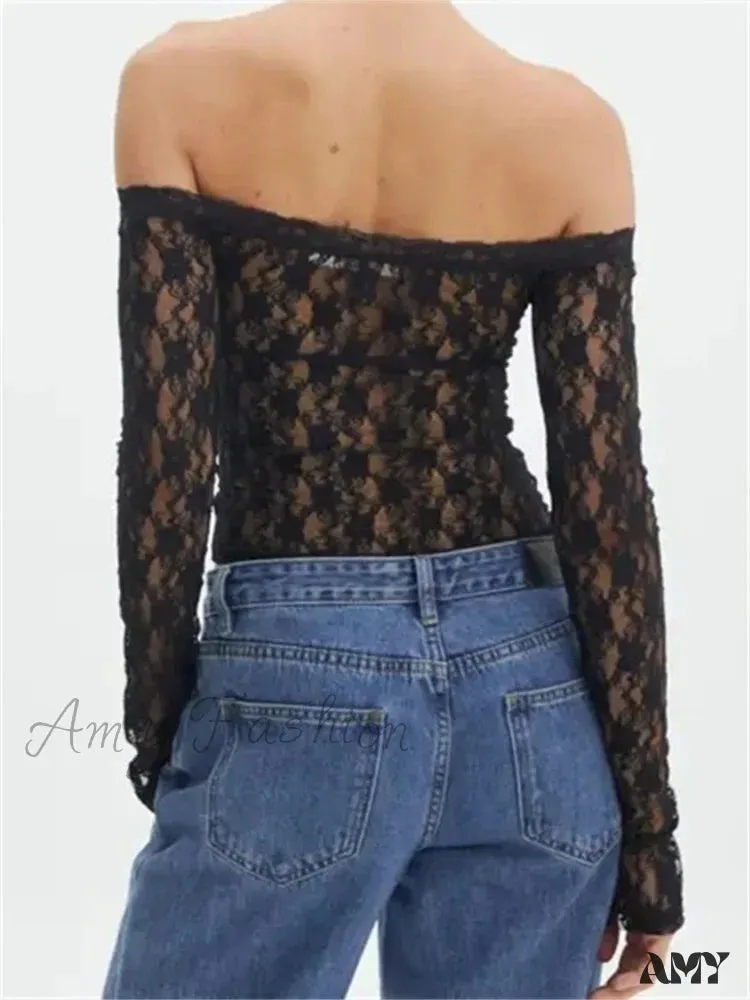 Amy Fashion - Vintage Lace Crop Tops Long Sleeve Off-Shoulder Casual Pullovers T-shirts