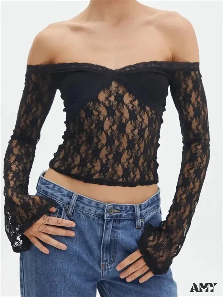 Amy Fashion - Vintage Lace Crop Tops Long Sleeve Off-Shoulder Casual Pullovers T-shirts