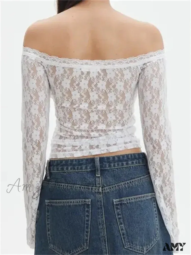 Amy Fashion - Vintage Lace Crop Tops Long Sleeve Off-Shoulder Casual Pullovers T-shirts