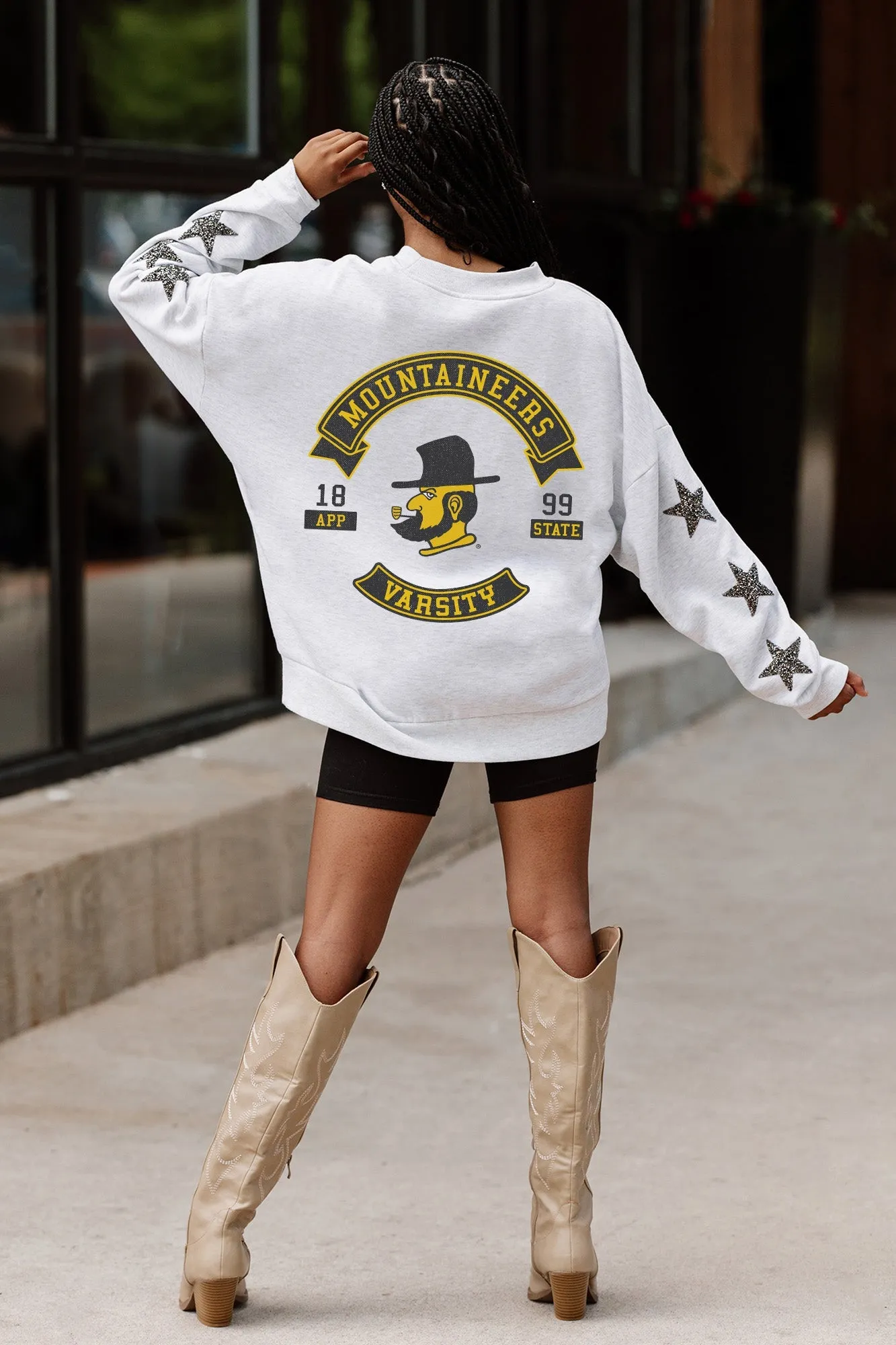 APPALACHIAN STATE MOUNTAINEERS READY FOR IT EMBELLISHED STAR SLEEVE CREWNECK PULLOVER