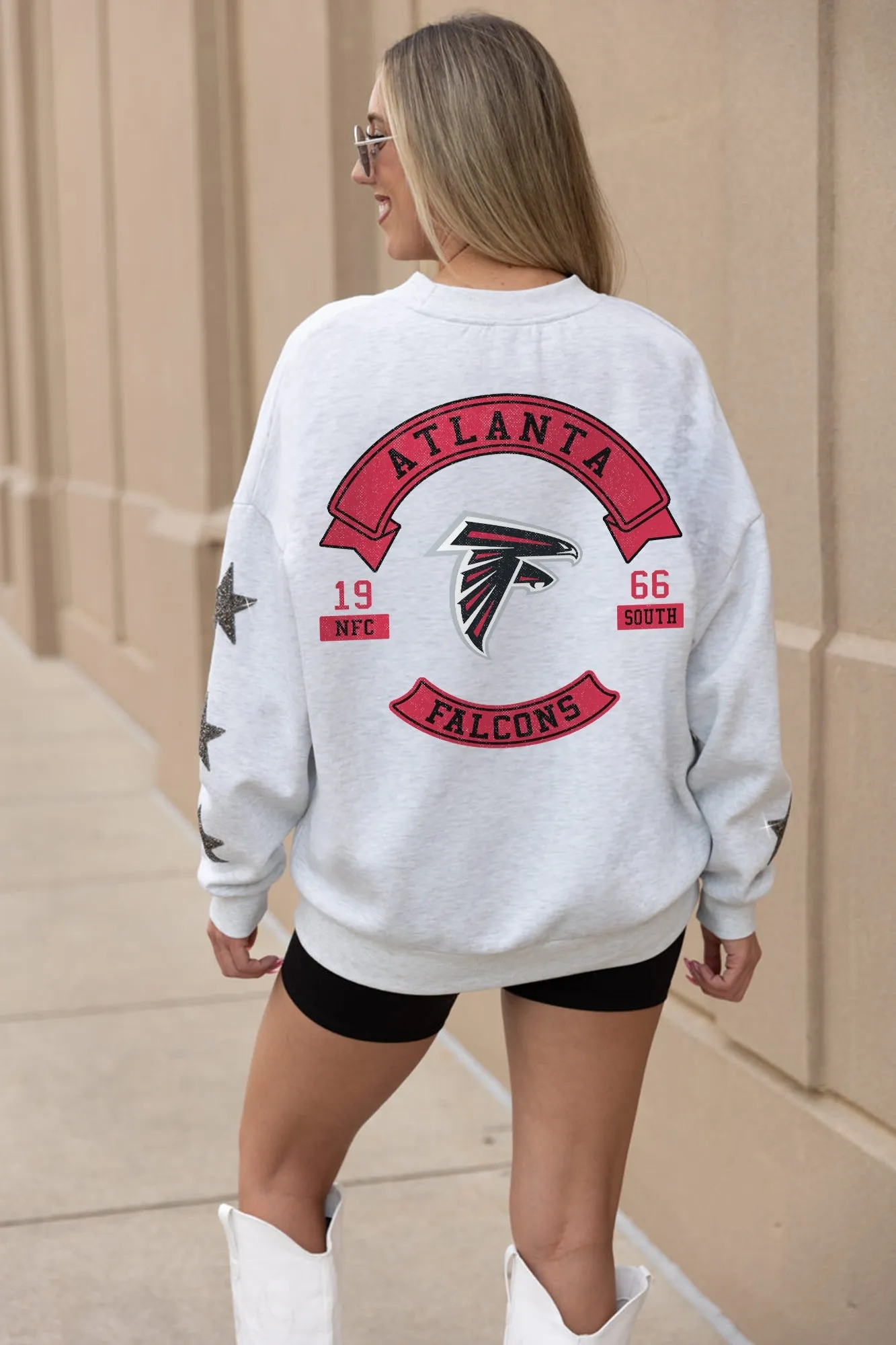 ATLANTA FALCONS READY FOR IT EMBELLISHED STAR SLEEVE CREWNECK PULLOVER