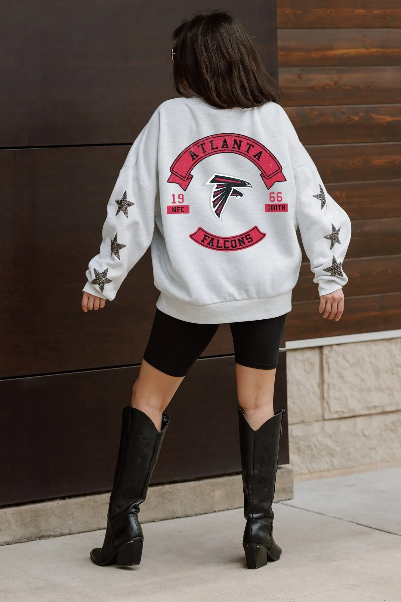 ATLANTA FALCONS READY FOR IT EMBELLISHED STAR SLEEVE CREWNECK PULLOVER