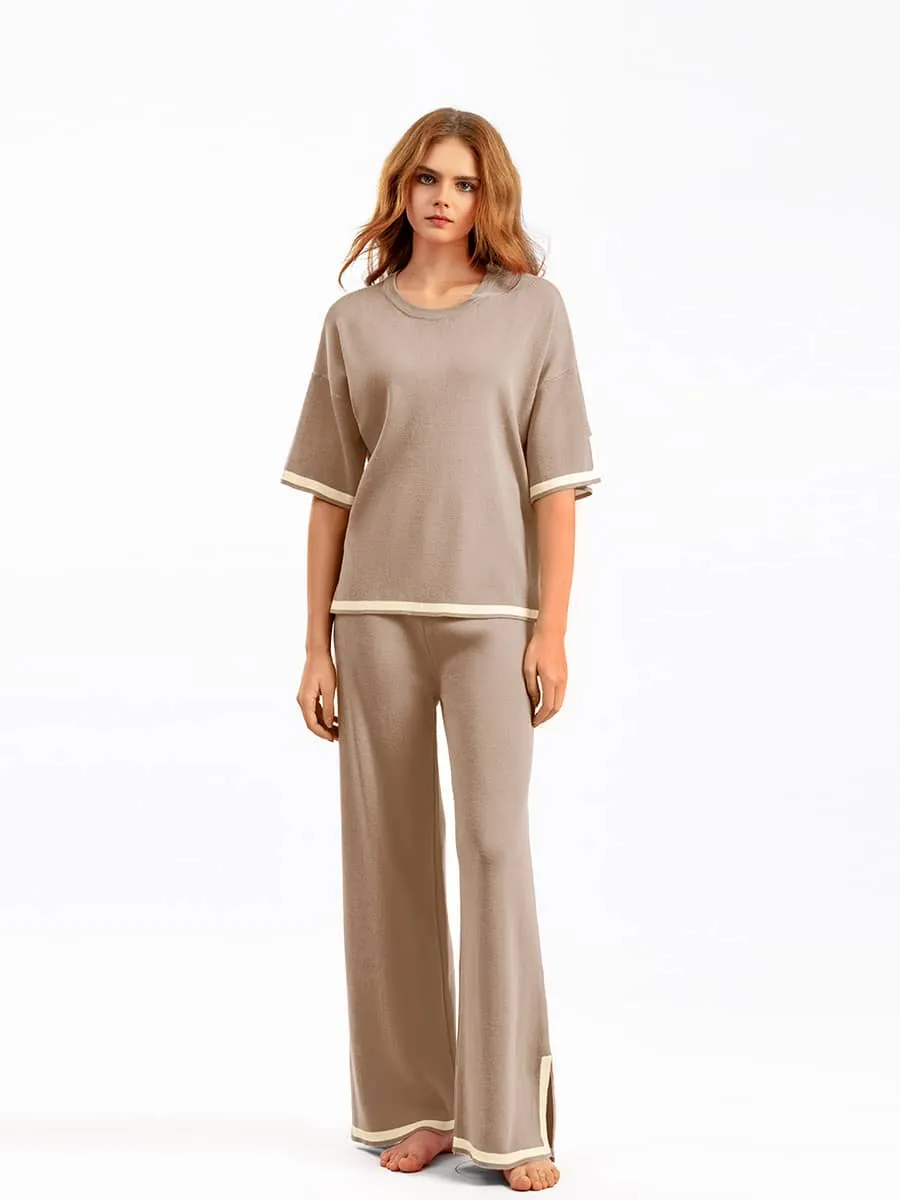 Contrasting Color Short-Sleeved Sweater and High Waist Slimming Wide-Leg Pants Suit