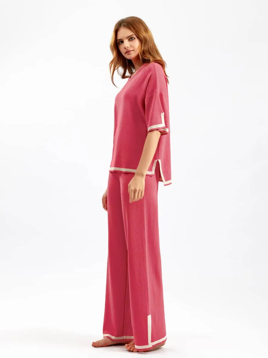 Contrasting Color Short-Sleeved Sweater and High Waist Slimming Wide-Leg Pants Suit