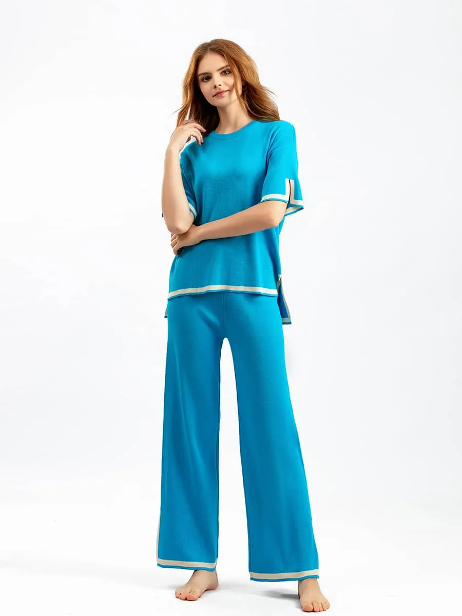 Contrasting Color Short-Sleeved Sweater and High Waist Slimming Wide-Leg Pants Suit