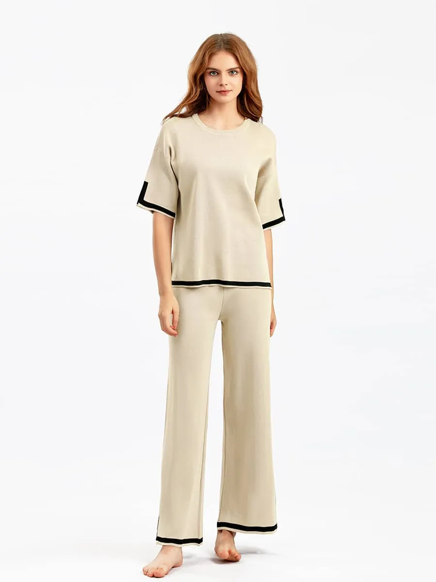 Contrasting Color Short-Sleeved Sweater and High Waist Slimming Wide-Leg Pants Suit