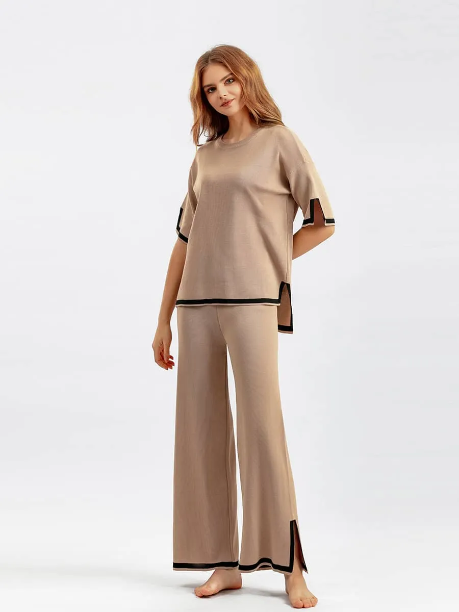 Contrasting Color Short-Sleeved Sweater and High Waist Slimming Wide-Leg Pants Suit