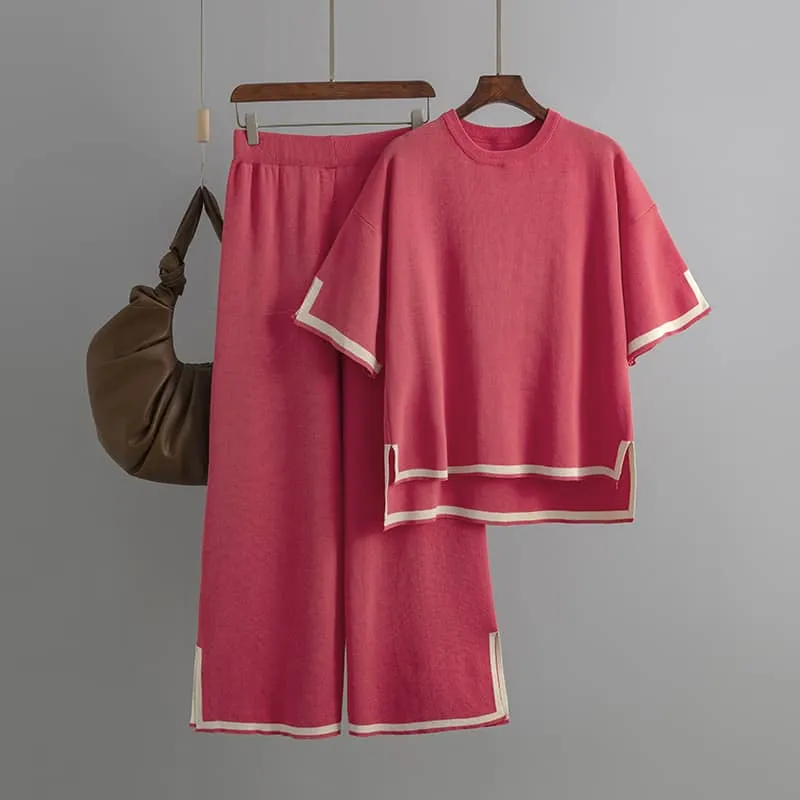 Contrasting Color Short-Sleeved Sweater and High Waist Slimming Wide-Leg Pants Suit