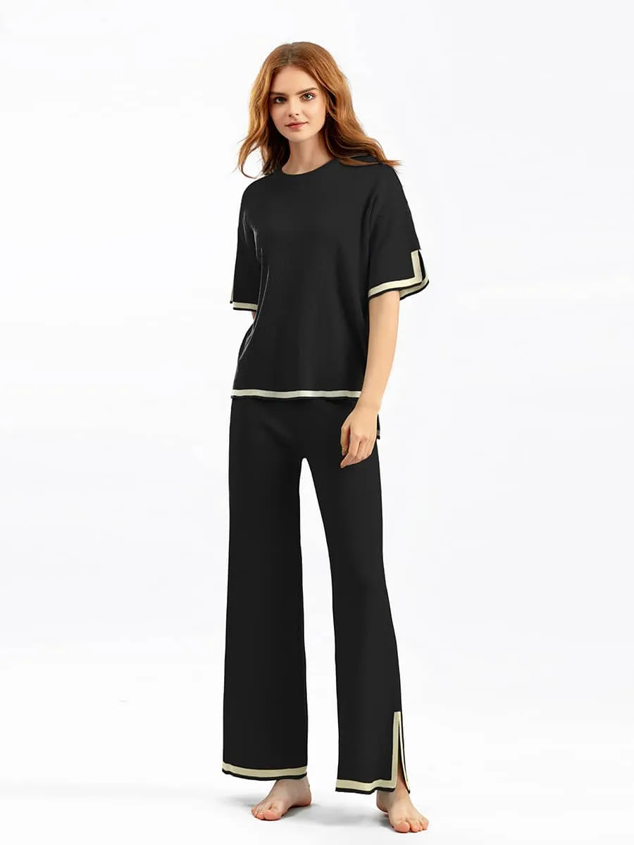 Contrasting Color Short-Sleeved Sweater and High Waist Slimming Wide-Leg Pants Suit