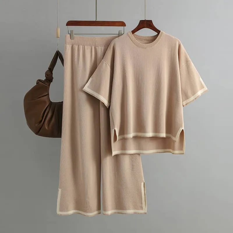 Contrasting Color Short-Sleeved Sweater and High Waist Slimming Wide-Leg Pants Suit