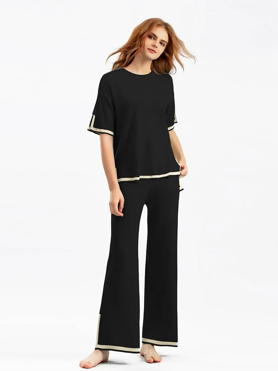 Contrasting Color Short-Sleeved Sweater and High Waist Slimming Wide-Leg Pants Suit