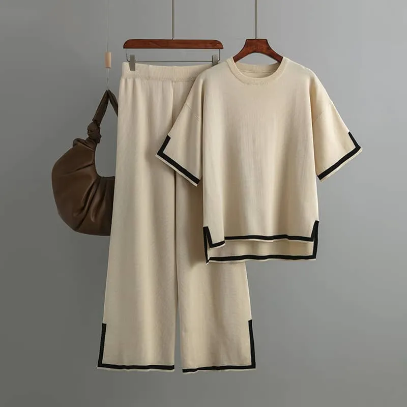 Contrasting Color Short-Sleeved Sweater and High Waist Slimming Wide-Leg Pants Suit