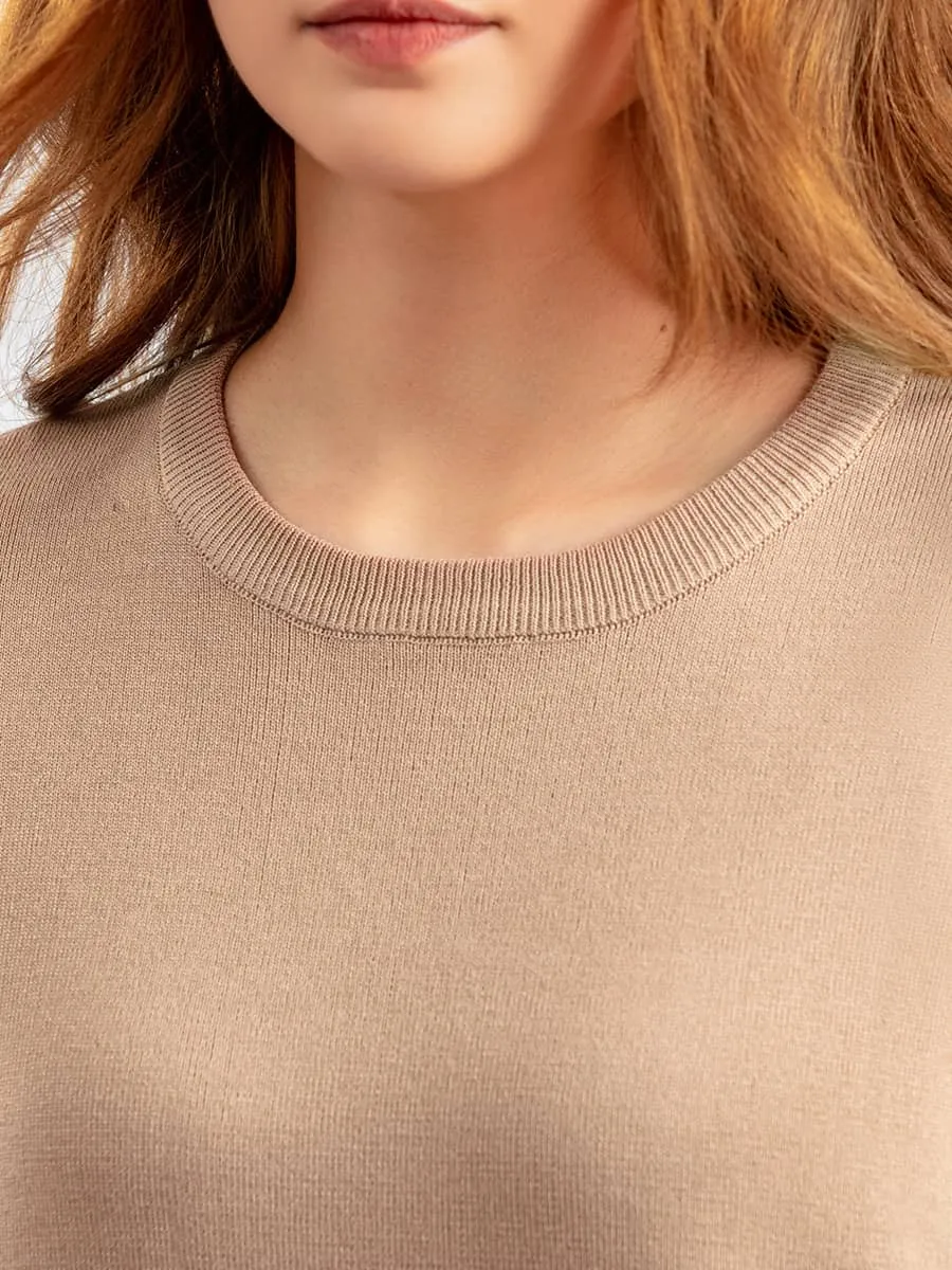 Contrasting Color Short-Sleeved Sweater and High Waist Slimming Wide-Leg Pants Suit