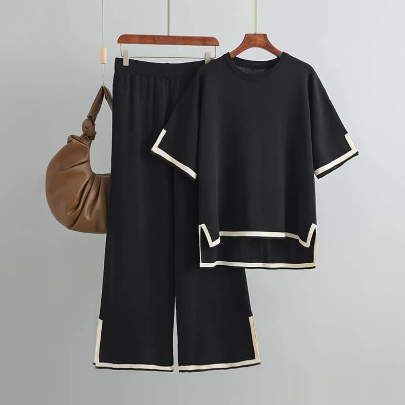 Contrasting Color Short-Sleeved Sweater and High Waist Slimming Wide-Leg Pants Suit