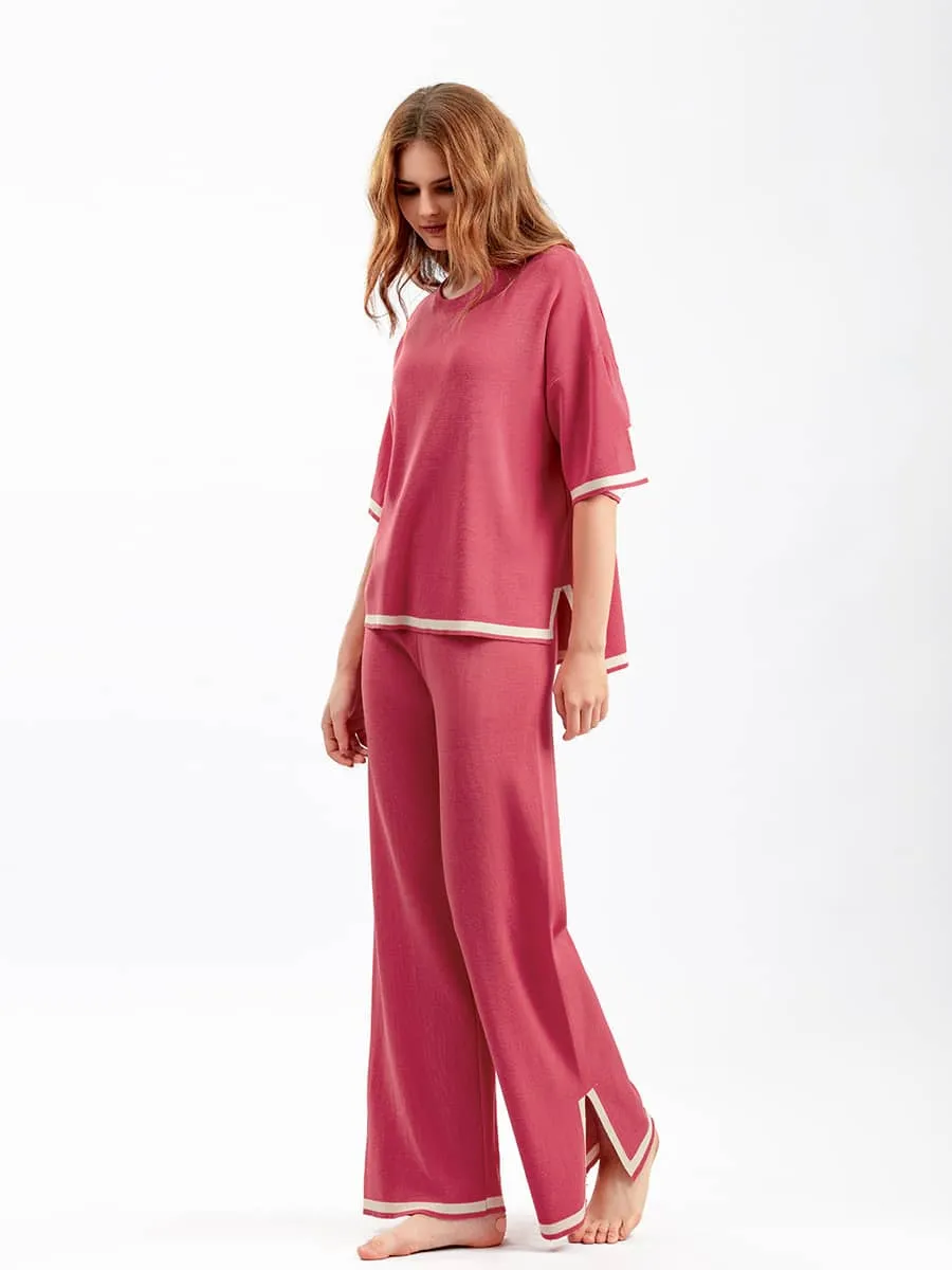 Contrasting Color Short-Sleeved Sweater and High Waist Slimming Wide-Leg Pants Suit