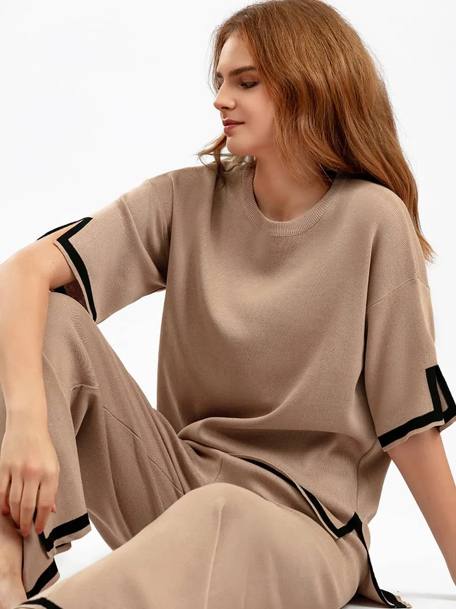 Contrasting Color Short-Sleeved Sweater and High Waist Slimming Wide-Leg Pants Suit