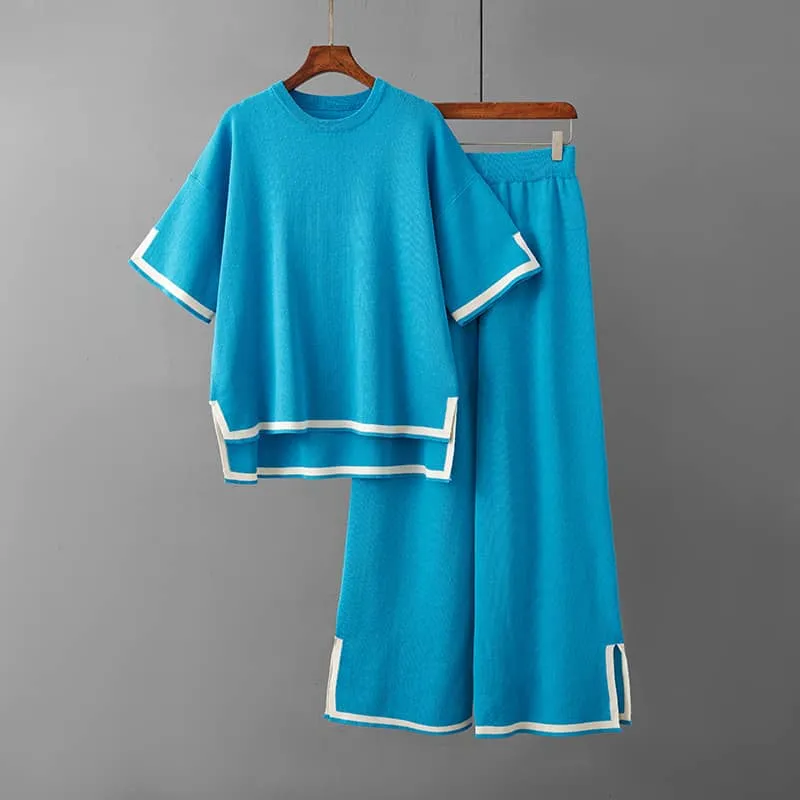 Contrasting Color Short-Sleeved Sweater and High Waist Slimming Wide-Leg Pants Suit