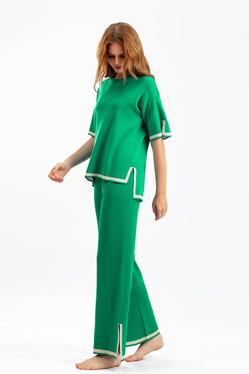 Contrasting Color Short-Sleeved Sweater and High Waist Slimming Wide-Leg Pants Suit