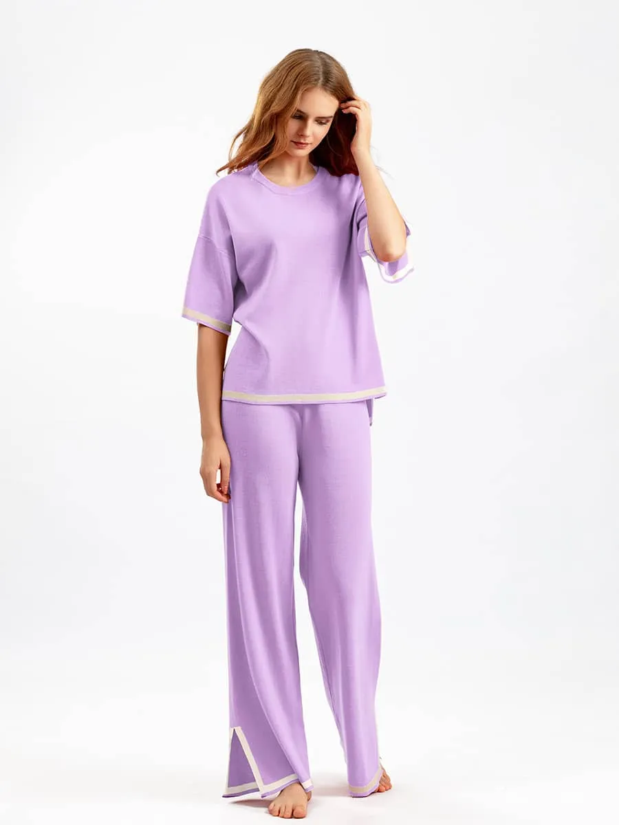 Contrasting Color Short-Sleeved Sweater and High Waist Slimming Wide-Leg Pants Suit