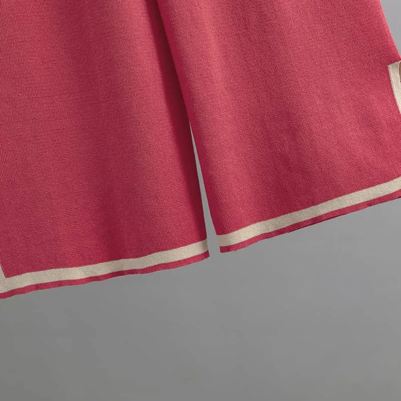 Contrasting Color Short-Sleeved Sweater and High Waist Slimming Wide-Leg Pants Suit