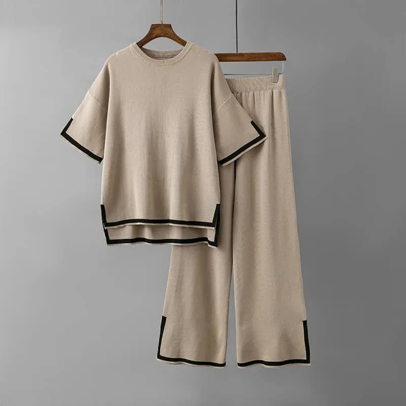 Contrasting Color Short-Sleeved Sweater and High Waist Slimming Wide-Leg Pants Suit