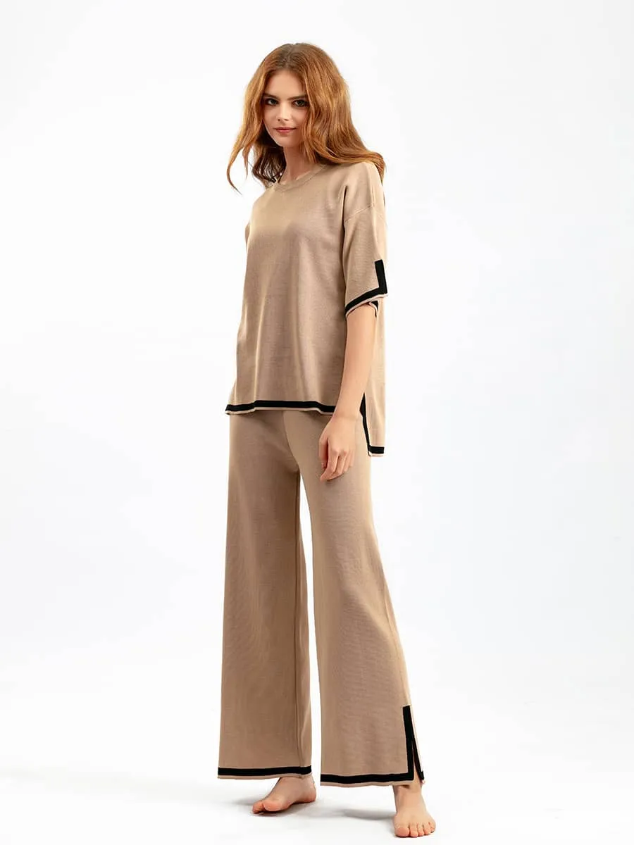 Contrasting Color Short-Sleeved Sweater and High Waist Slimming Wide-Leg Pants Suit