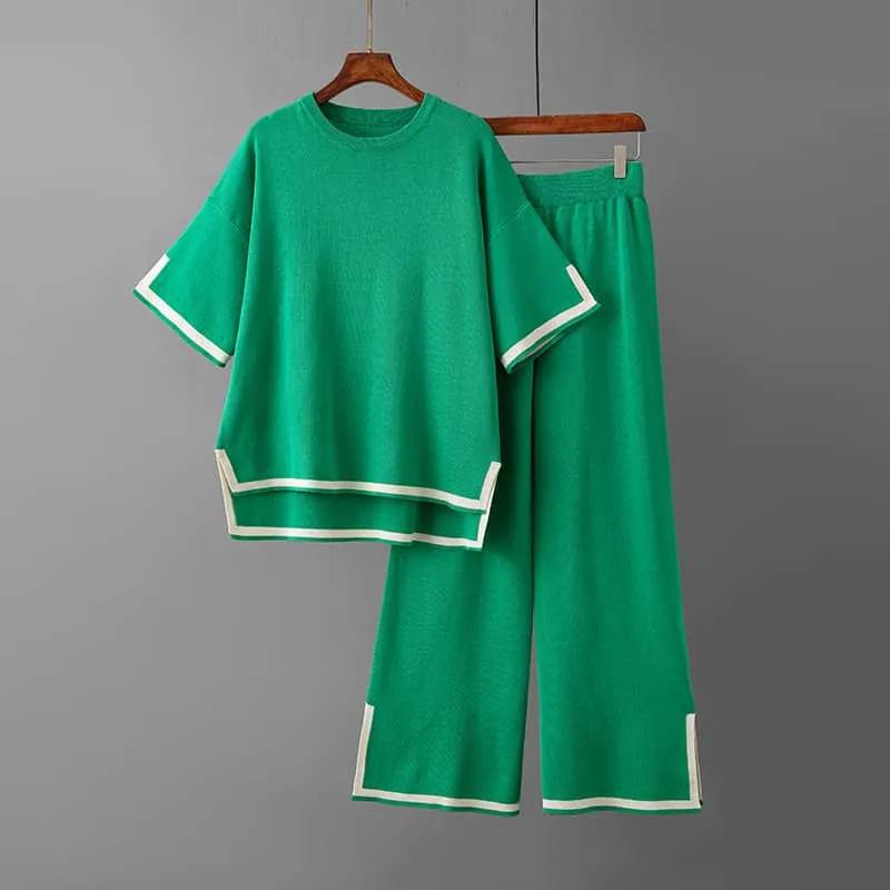 Contrasting Color Short-Sleeved Sweater and High Waist Slimming Wide-Leg Pants Suit