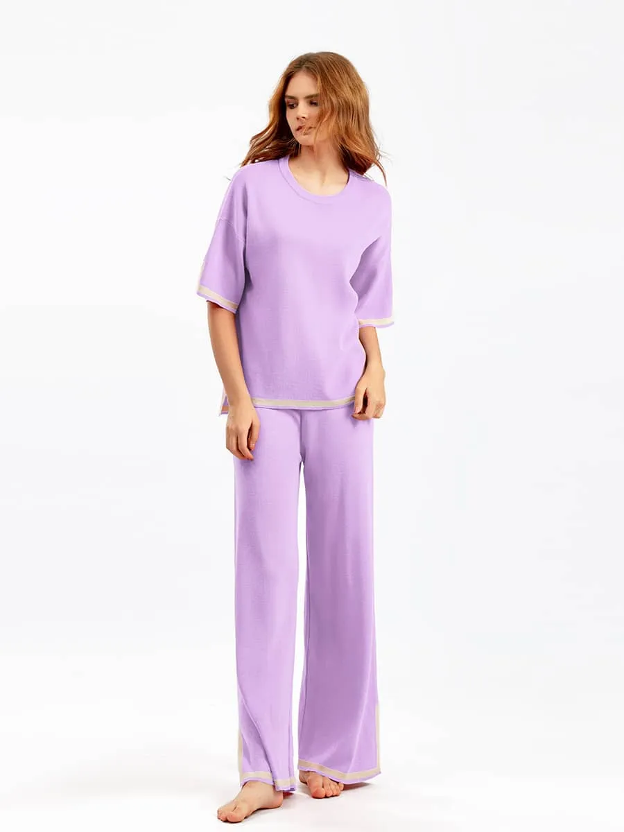 Contrasting Color Short-Sleeved Sweater and High Waist Slimming Wide-Leg Pants Suit
