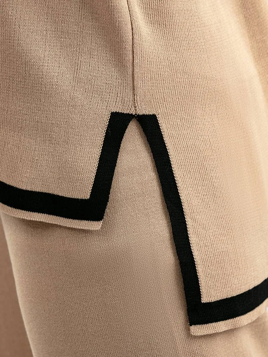 Contrasting Color Short-Sleeved Sweater and High Waist Slimming Wide-Leg Pants Suit