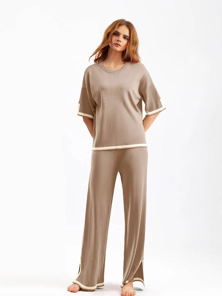 Contrasting Color Short-Sleeved Sweater and High Waist Slimming Wide-Leg Pants Suit