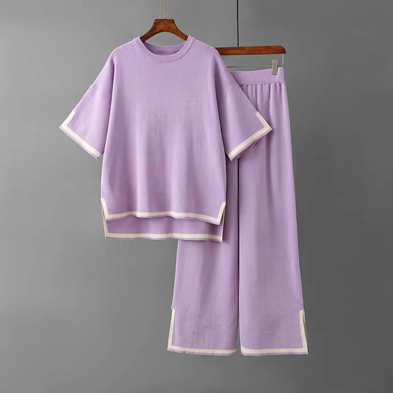 Contrasting Color Short-Sleeved Sweater and High Waist Slimming Wide-Leg Pants Suit