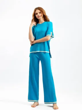 Contrasting Color Short-Sleeved Sweater and High Waist Slimming Wide-Leg Pants Suit