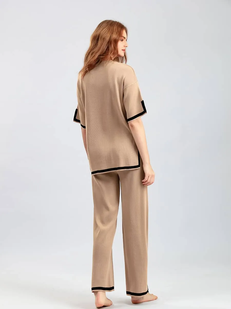 Contrasting Color Short-Sleeved Sweater and High Waist Slimming Wide-Leg Pants Suit