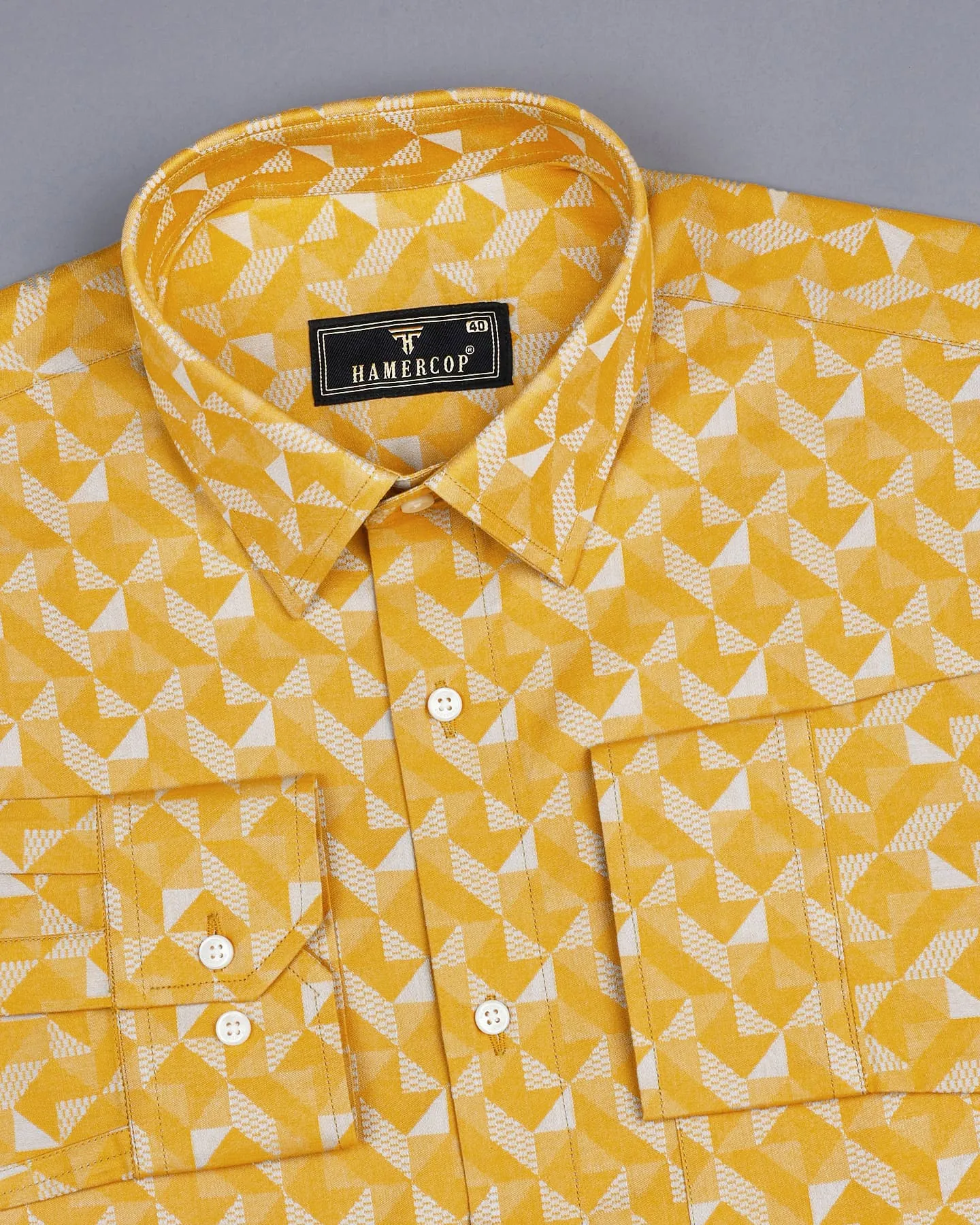 Curcumin Yellow With Silver Triangoli Jacquard Premium Gizza Shirt