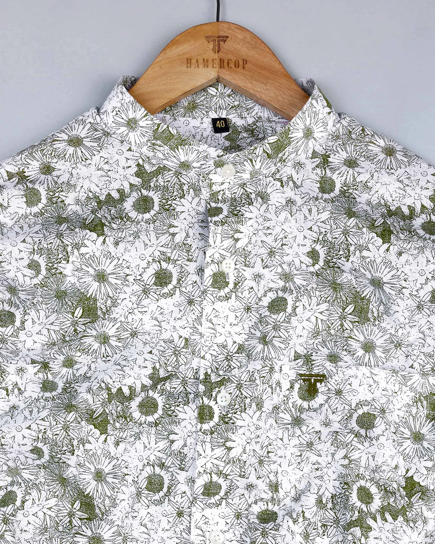 Ditzy Green Flower Printed White Amsler Linen Cotton Shirt