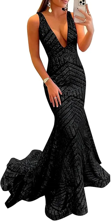 Dress Wholesale Sequin Mermaid Prom Dresses Long Sparkly Evening Gown Deep V Neck Backless Formal Party Gowns