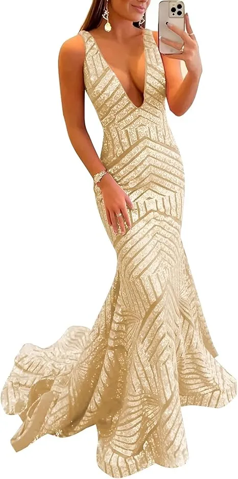 Dress Wholesale Sequin Mermaid Prom Dresses Long Sparkly Evening Gown Deep V Neck Backless Formal Party Gowns