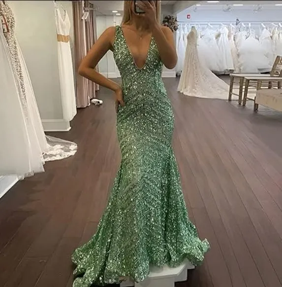 Dress Wholesale Sequin Mermaid Prom Dresses Long Sparkly Evening Gown Deep V Neck Backless Formal Party Gowns