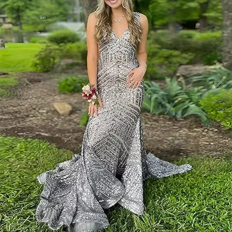 Dress Wholesale Sequin Mermaid Prom Dresses Long Sparkly Evening Gown Deep V Neck Backless Formal Party Gowns