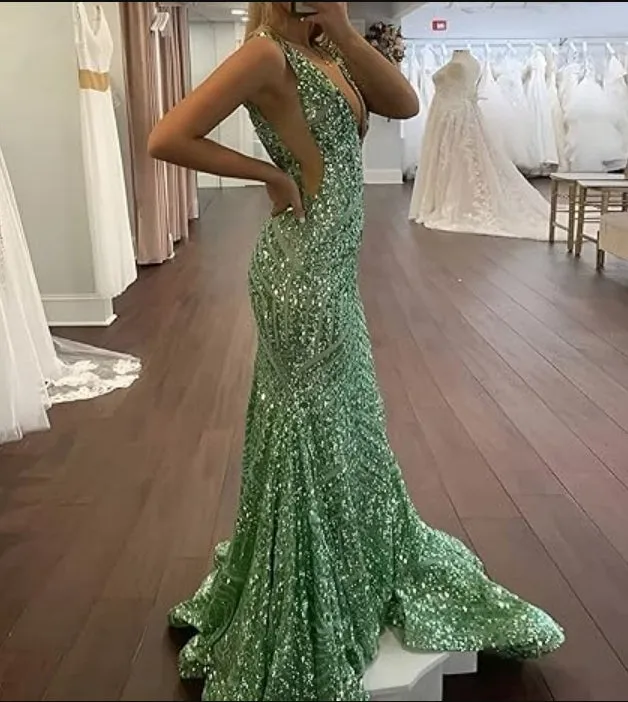 Dress Wholesale Sequin Mermaid Prom Dresses Long Sparkly Evening Gown Deep V Neck Backless Formal Party Gowns