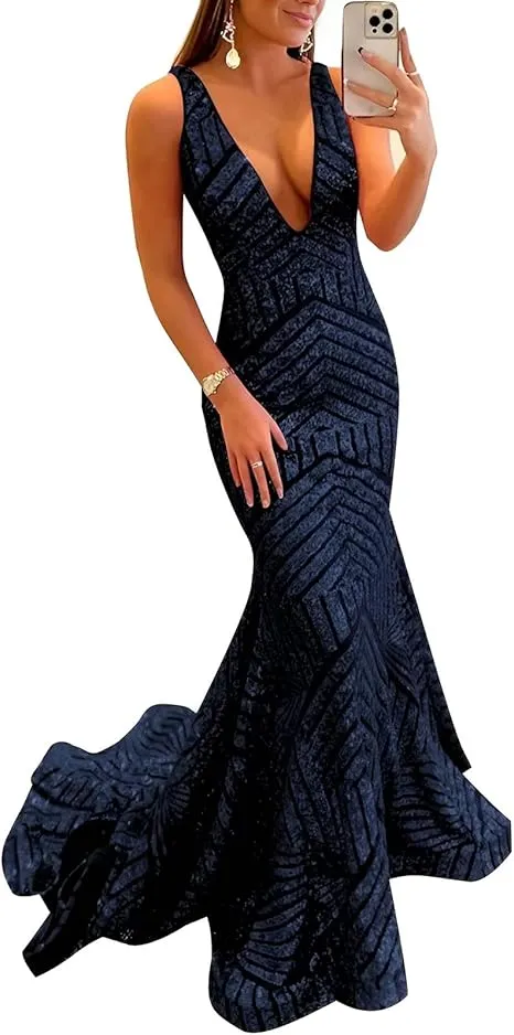 Dress Wholesale Sequin Mermaid Prom Dresses Long Sparkly Evening Gown Deep V Neck Backless Formal Party Gowns