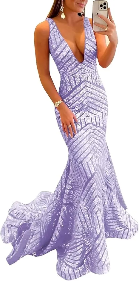 Dress Wholesale Sequin Mermaid Prom Dresses Long Sparkly Evening Gown Deep V Neck Backless Formal Party Gowns
