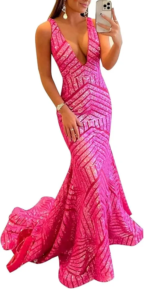 Dress Wholesale Sequin Mermaid Prom Dresses Long Sparkly Evening Gown Deep V Neck Backless Formal Party Gowns