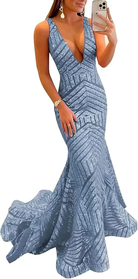 Dress Wholesale Sequin Mermaid Prom Dresses Long Sparkly Evening Gown Deep V Neck Backless Formal Party Gowns