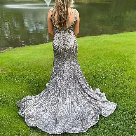 Dress Wholesale Sequin Mermaid Prom Dresses Long Sparkly Evening Gown Deep V Neck Backless Formal Party Gowns