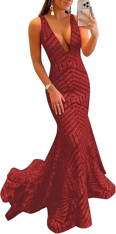 Dress Wholesale Sequin Mermaid Prom Dresses Long Sparkly Evening Gown Deep V Neck Backless Formal Party Gowns