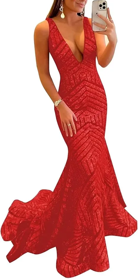 Dress Wholesale Sequin Mermaid Prom Dresses Long Sparkly Evening Gown Deep V Neck Backless Formal Party Gowns