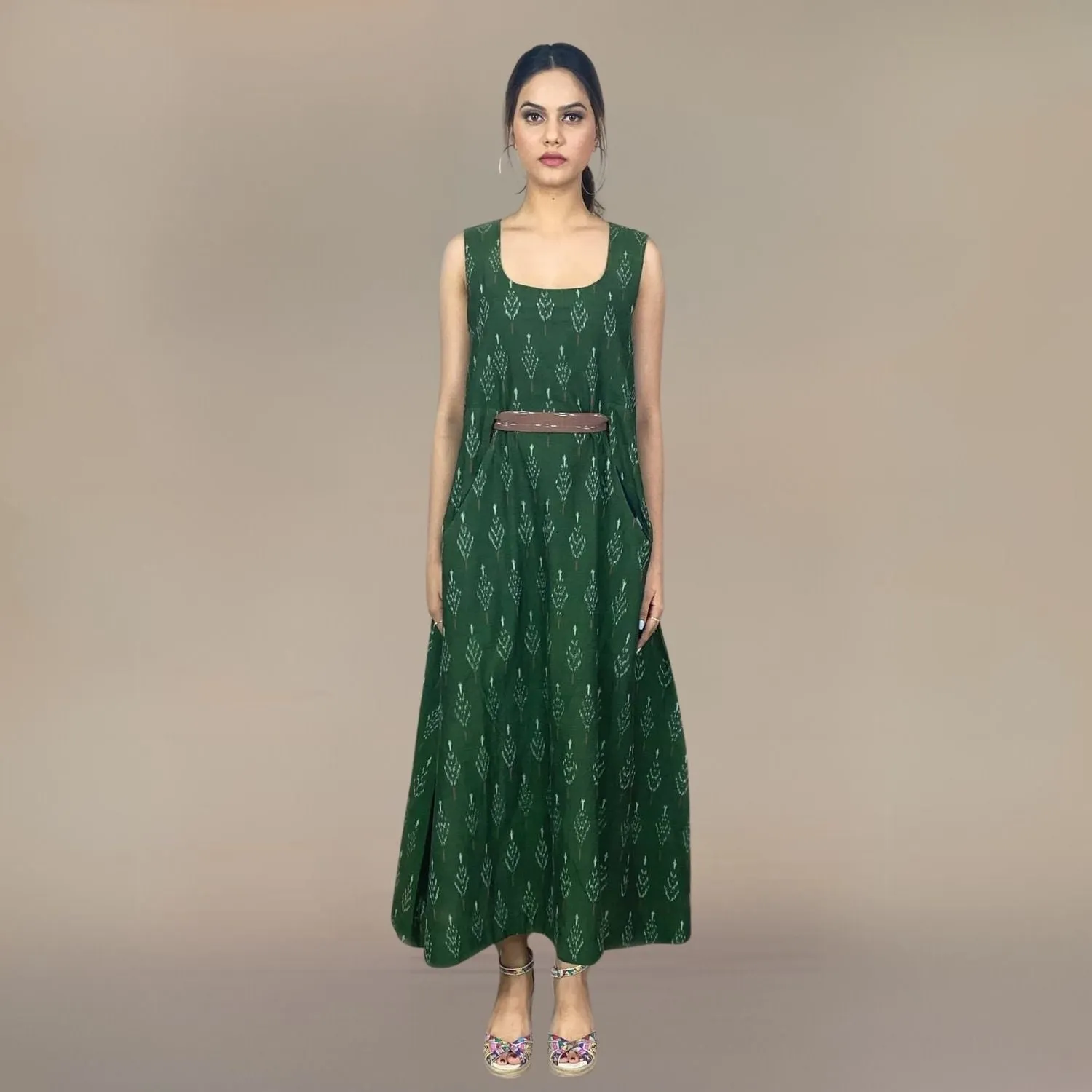 Grieshma Ikat Midi Dress | In-cut Belt Design | Everyday Casual Wear | Henna Green