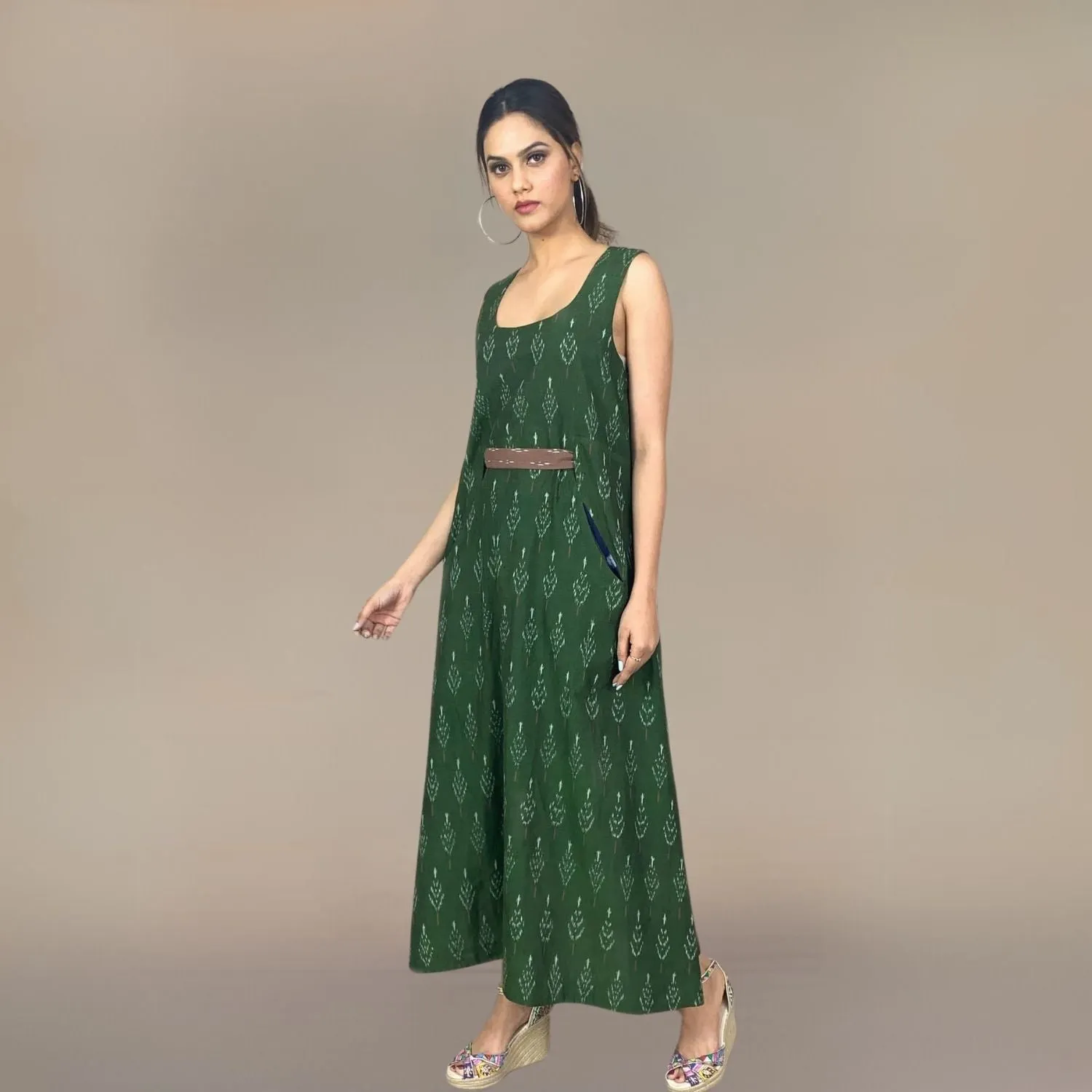 Grieshma Ikat Midi Dress | In-cut Belt Design | Everyday Casual Wear | Henna Green