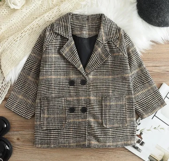 Korean Girls Autumn Winter Jacket Children Long Sleeve Plaid Outwear Coat      S043807